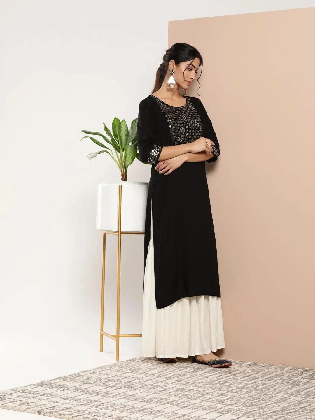 Black Yoke Design Rayon Straight Kurta - Libas 