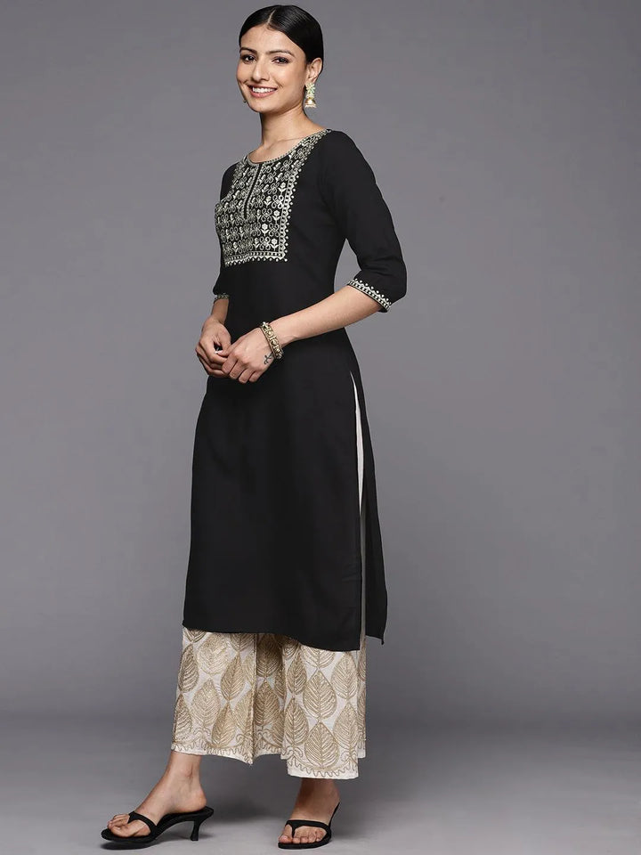 Black Printed Rayon Straight Kurta - Libas
