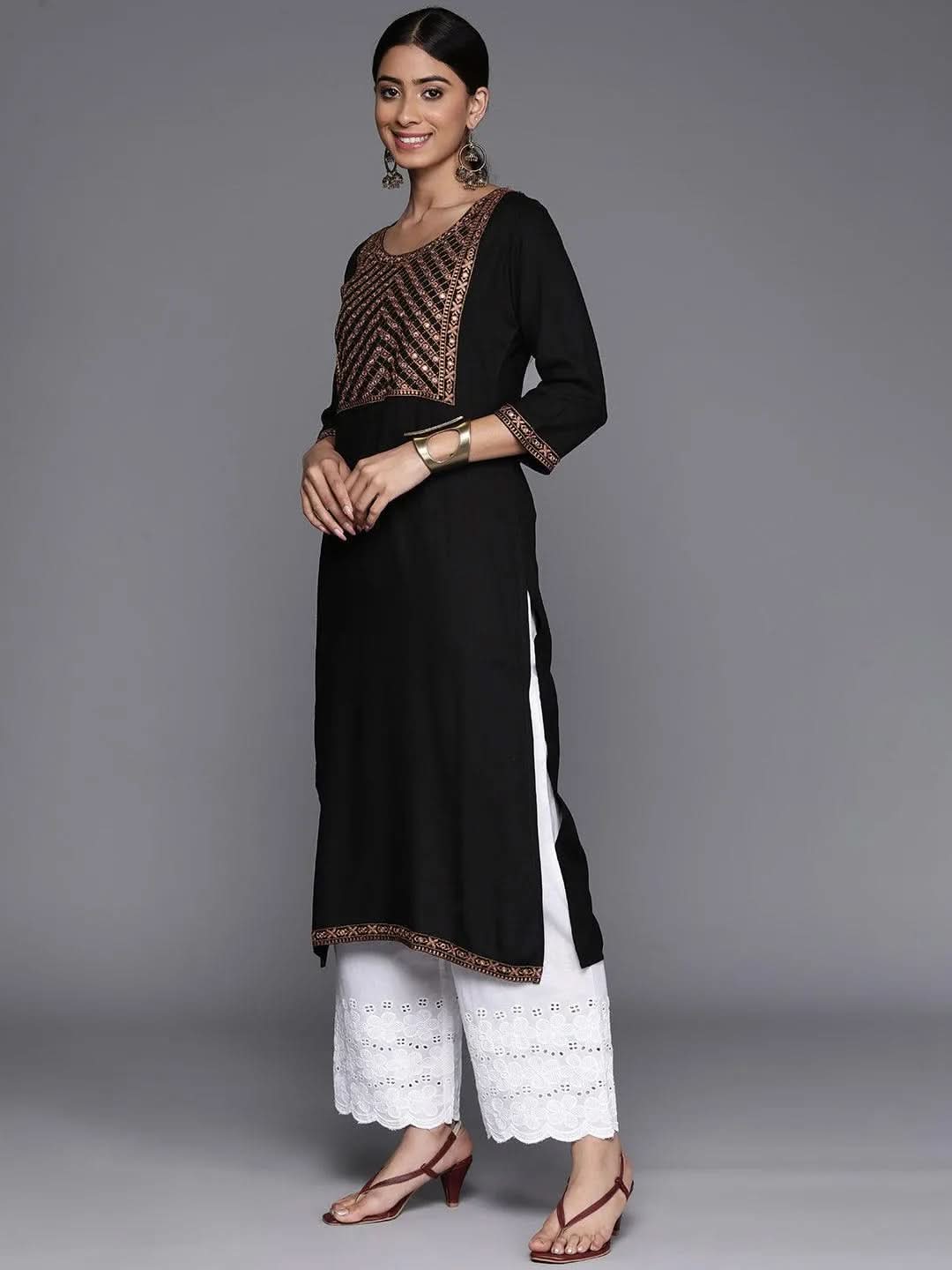 Black Yoke Design Rayon Straight Kurta - Libas 