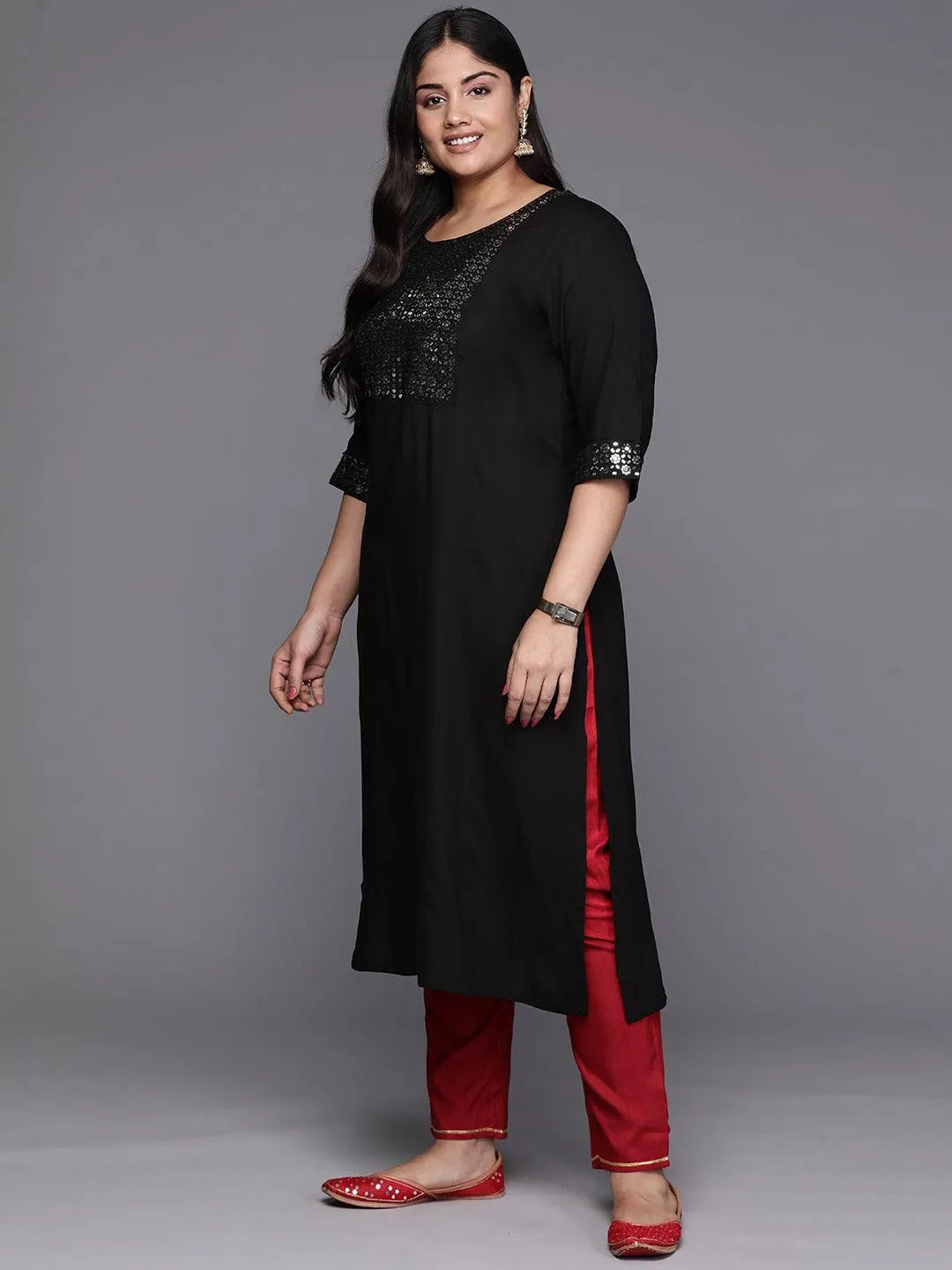 Black Yoke Design Rayon Straight Kurta - Libas 