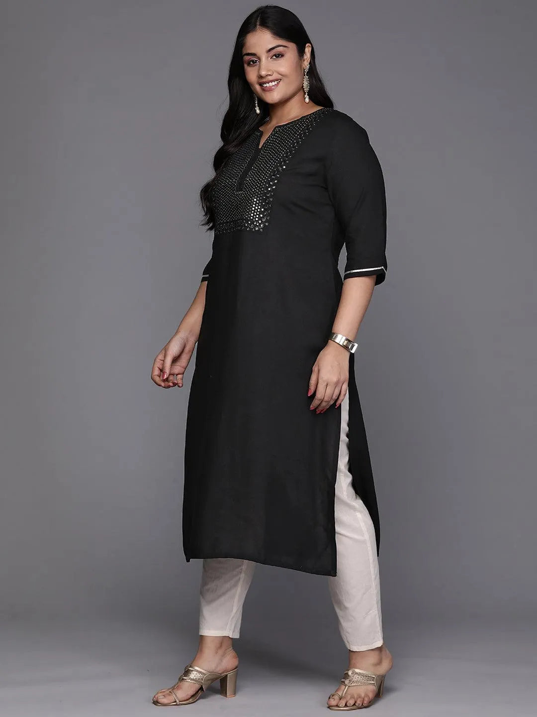 Black Yoke Design Rayon Straight Kurta - Libas 