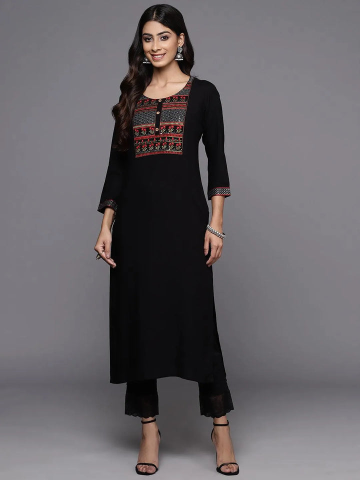 Black Yoke Design Rayon Straight Kurta - Libas