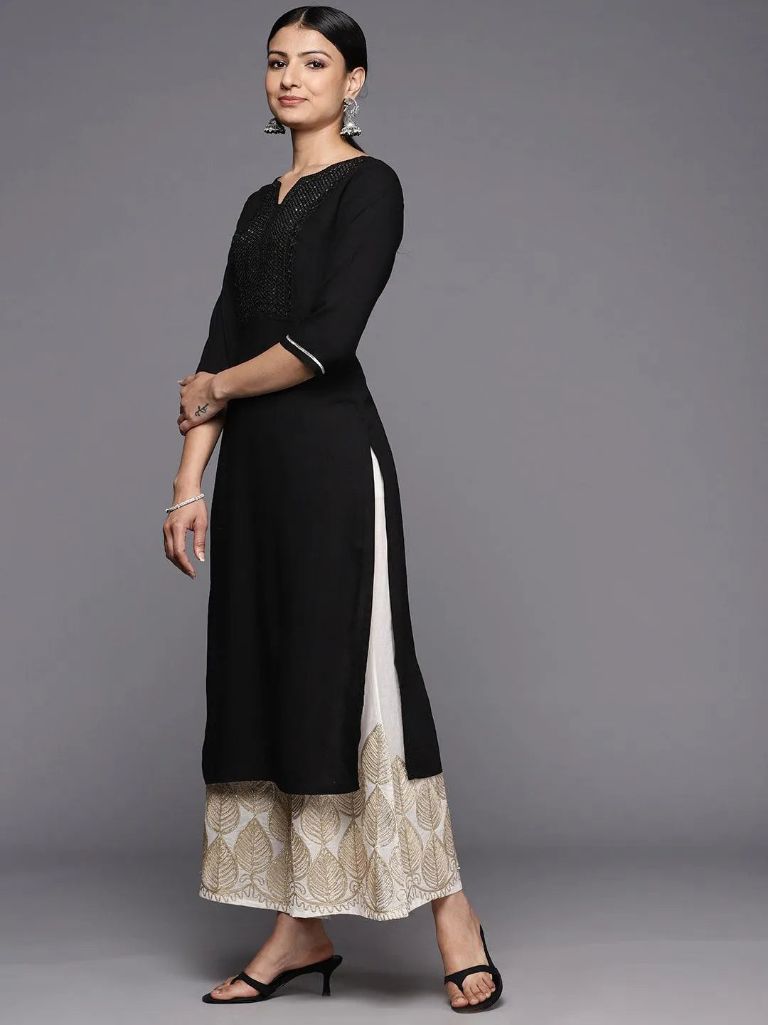 Black Yoke Design Rayon Straight Kurta - Libas 