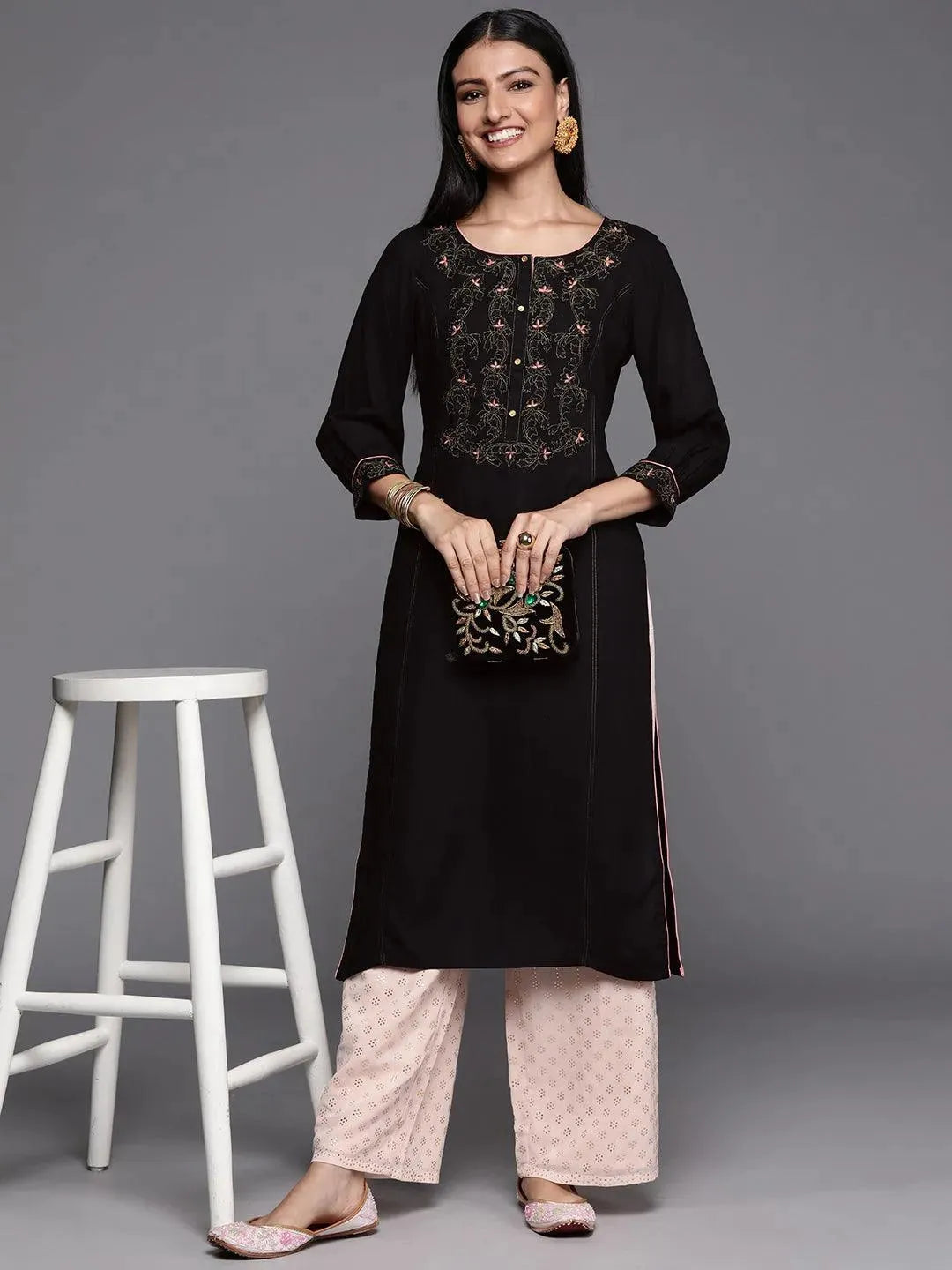 Black Yoke Design Rayon Straight Kurta - Libas