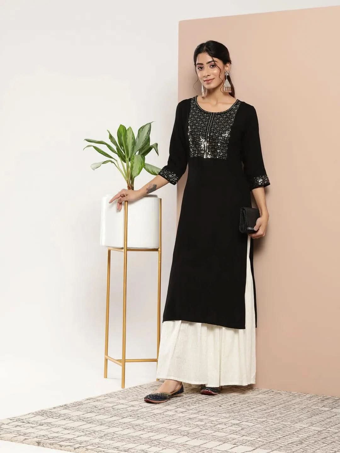Black Yoke Design Rayon Straight Kurta - Libas 