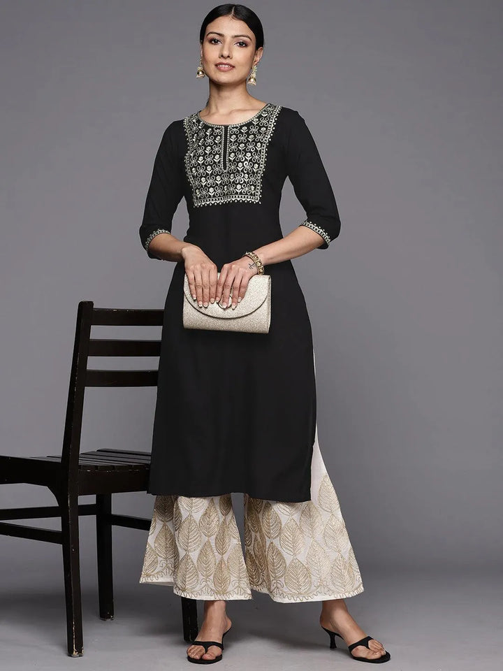 Black Printed Rayon Straight Kurta - Libas