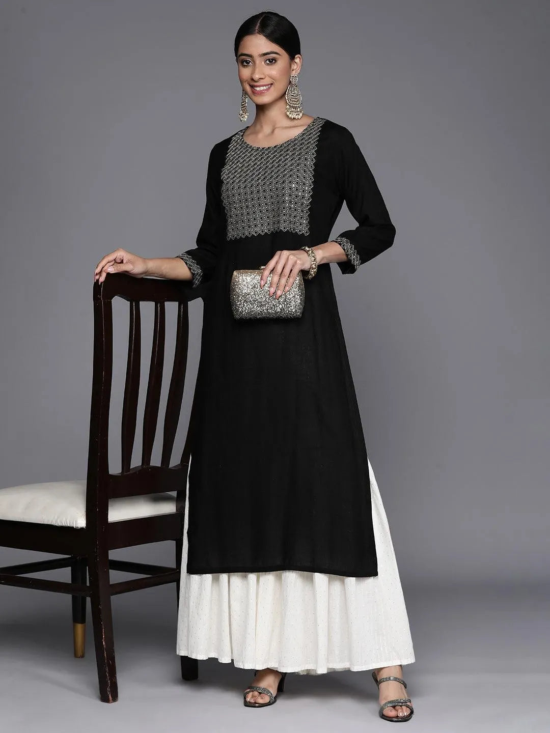 Black Yoke Design Rayon Straight Kurta - Libas 