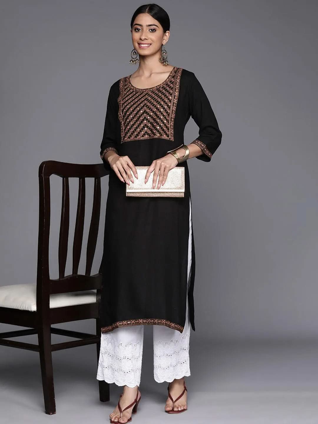 Black Yoke Design Rayon Straight Kurta - Libas 