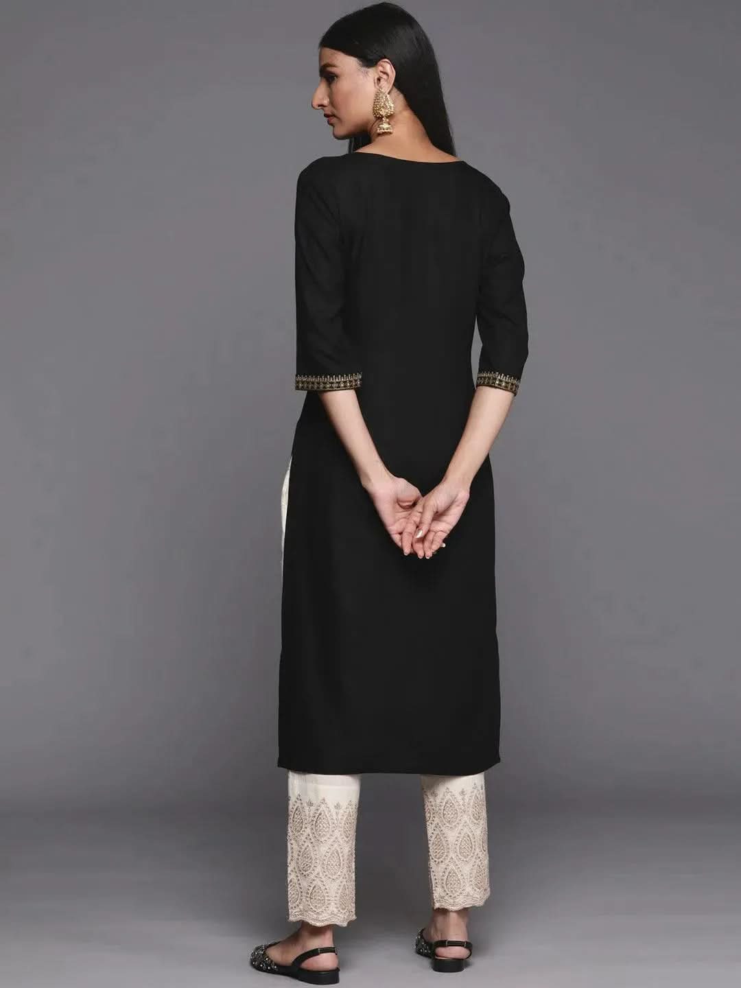 Black Yoke Design Rayon Straight Kurta - Libas 