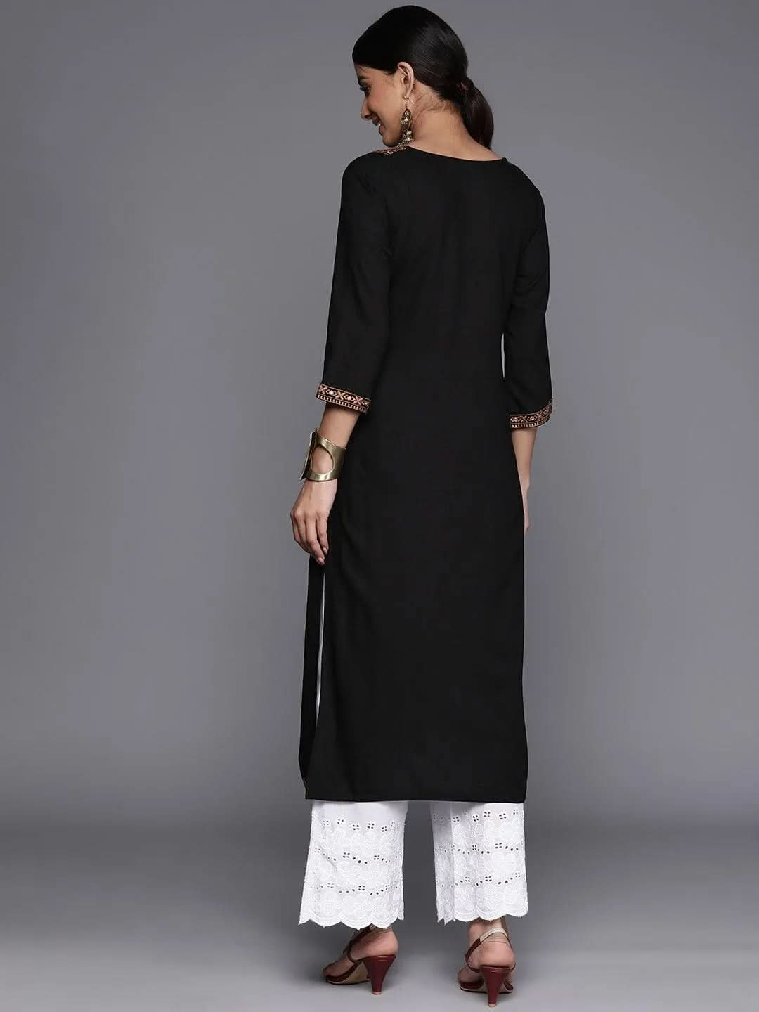 Black Yoke Design Rayon Straight Kurta - Libas