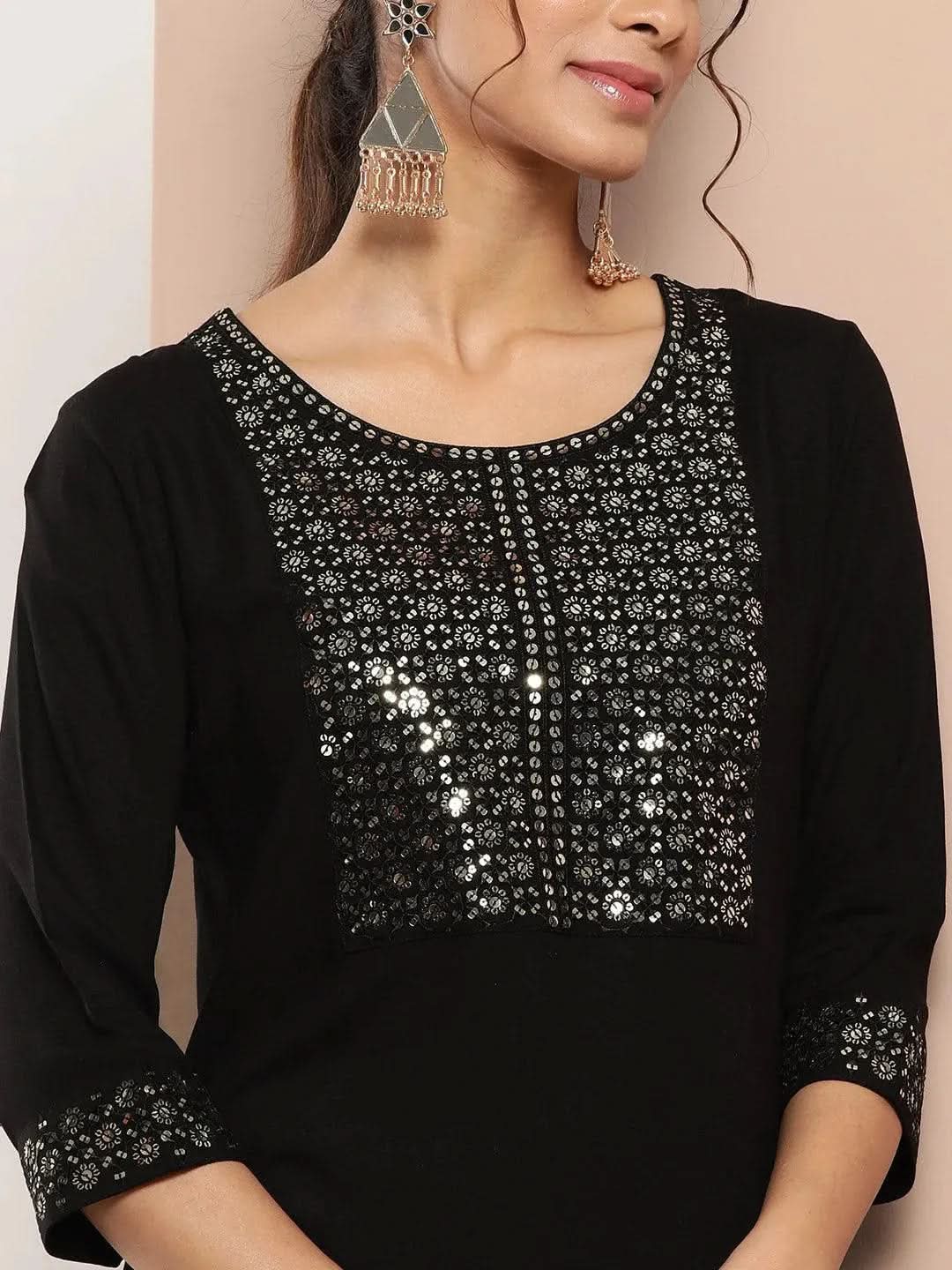 Black Yoke Design Rayon Straight Kurta - Libas 