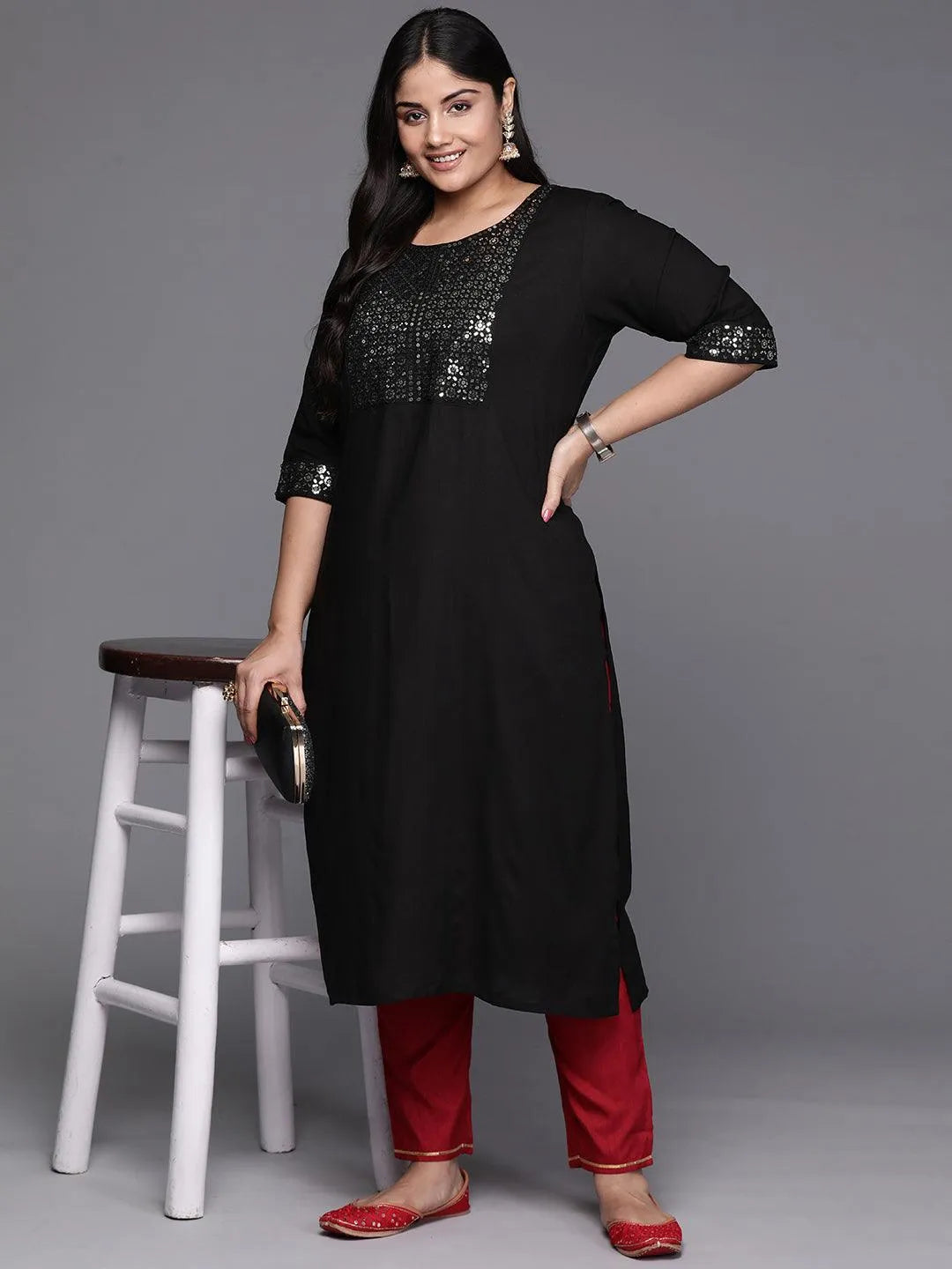 Black Yoke Design Rayon Straight Kurta - Libas 
