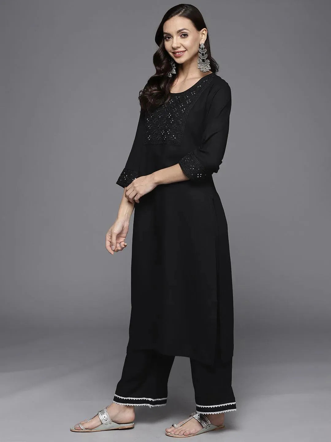 Black Yoke Design Rayon Suit Set - Libas