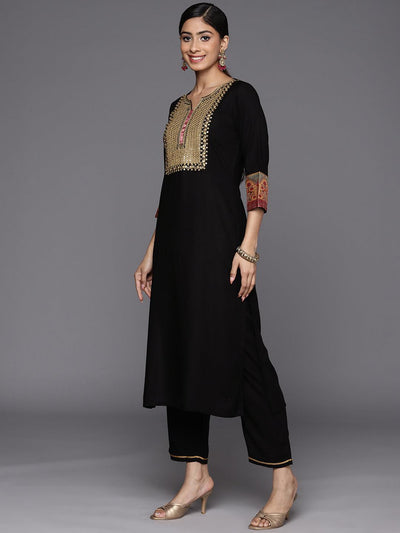 Black Yoke Design Rayon Straight Suit Set With Trousers - Libas