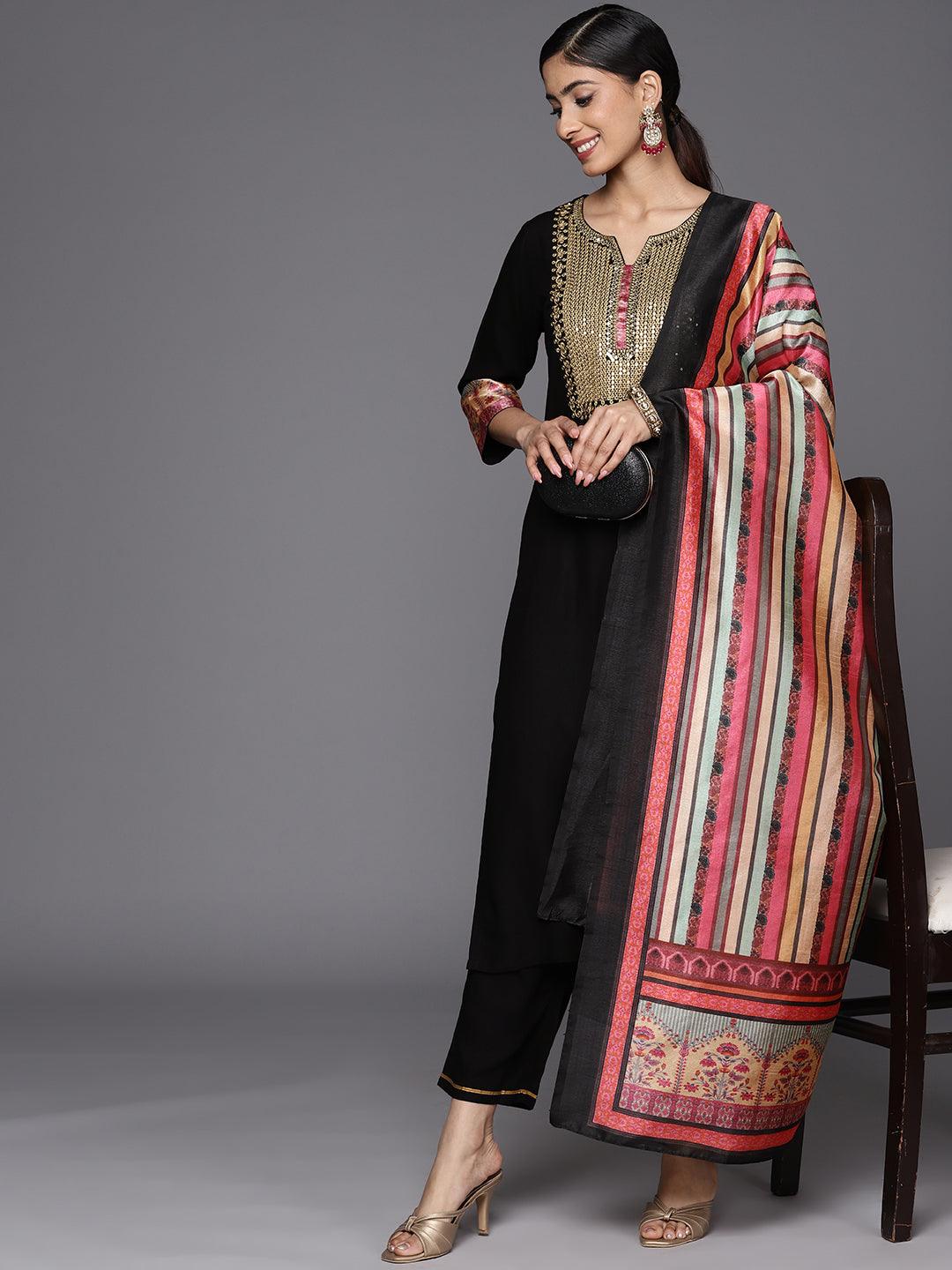 Black Yoke Design Rayon Straight Suit Set With Trousers - Libas