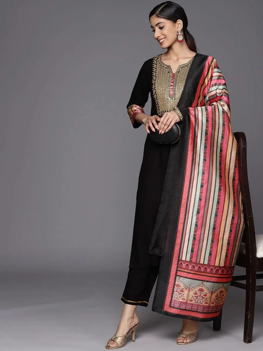 

Black Yoke Design Rayon Straight Kurta With Trousers & Dupatta