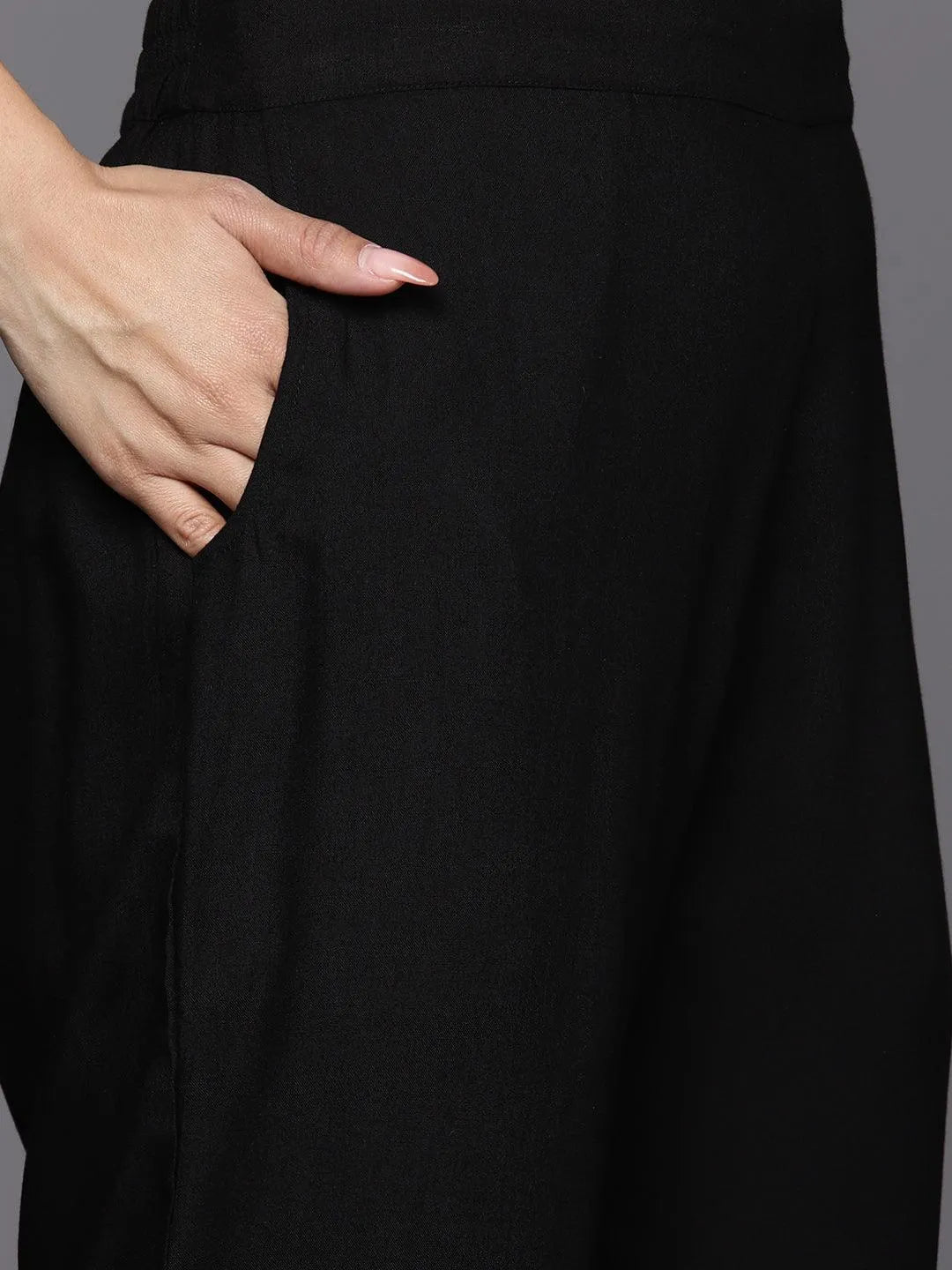 

Black Yoke Design Rayon Straight Kurta With Trousers & Dupatta