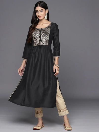 Black Printed Silk A-Line Kurta - Libas