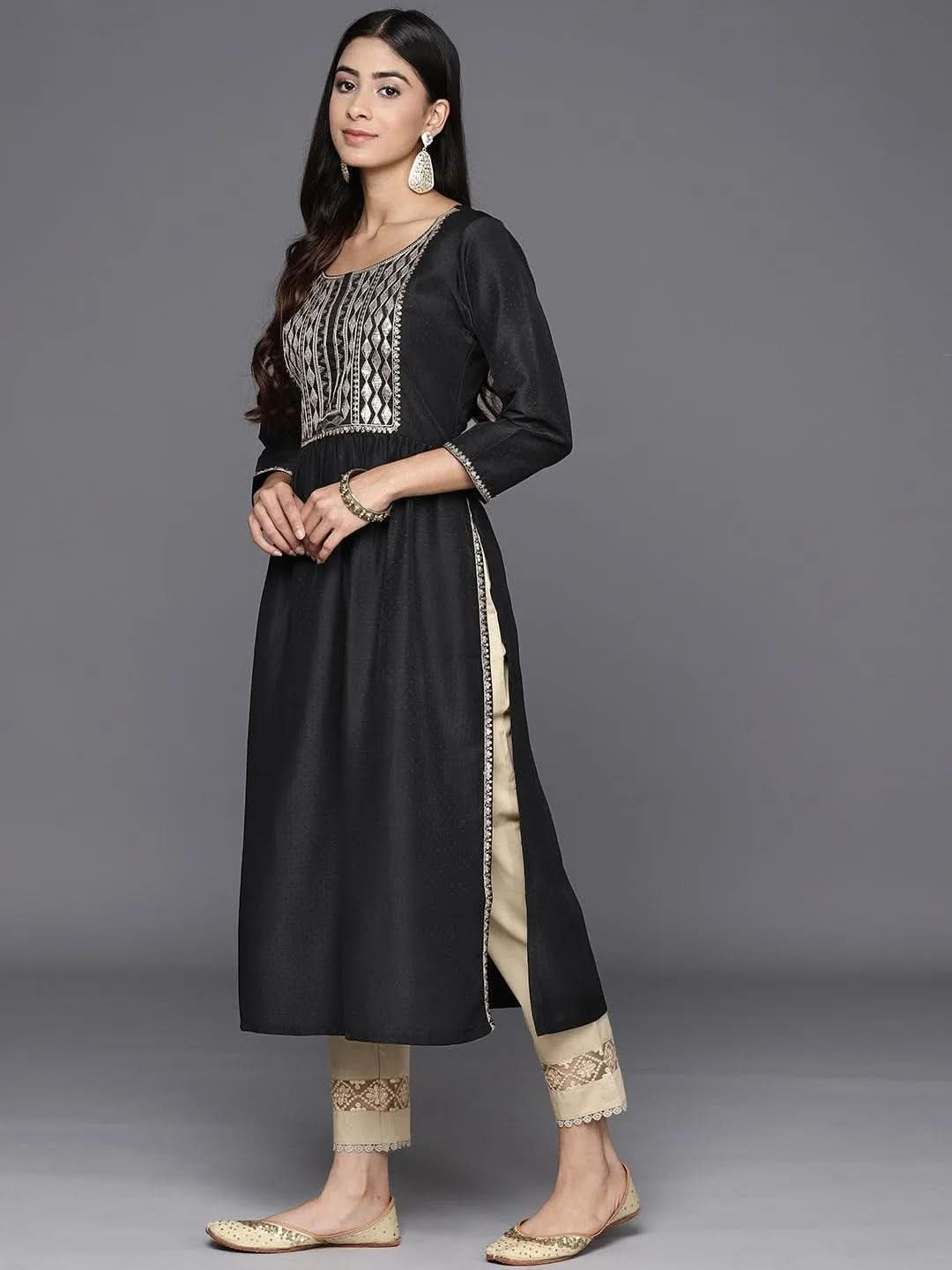 Black Printed Silk A-Line Kurta - Libas