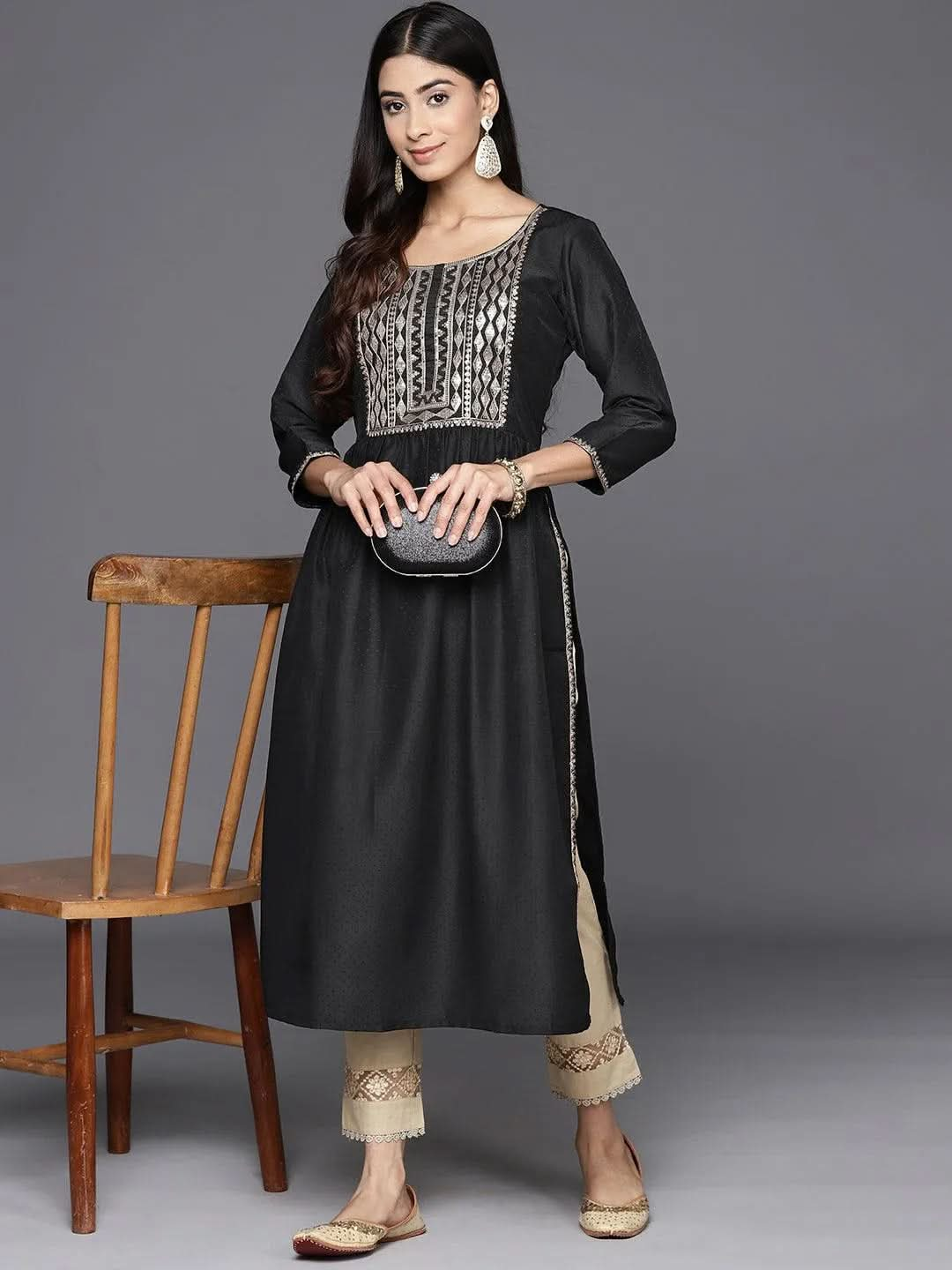 Black Printed Silk A-Line Kurta - Libas