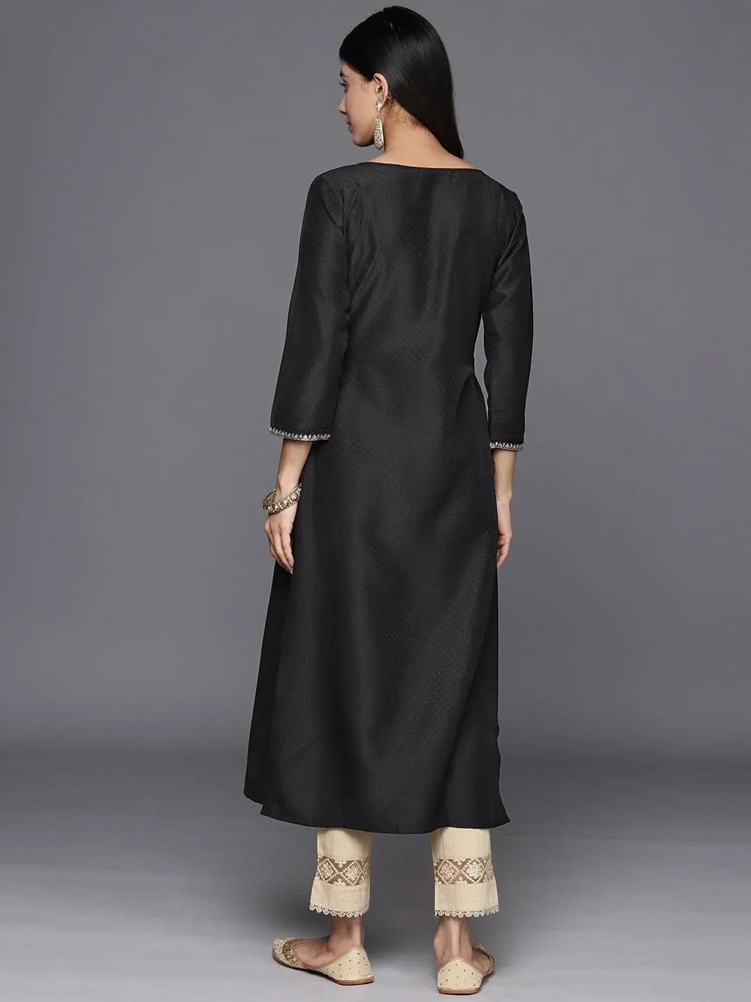 Black Printed Silk A-Line Kurta - Libas 