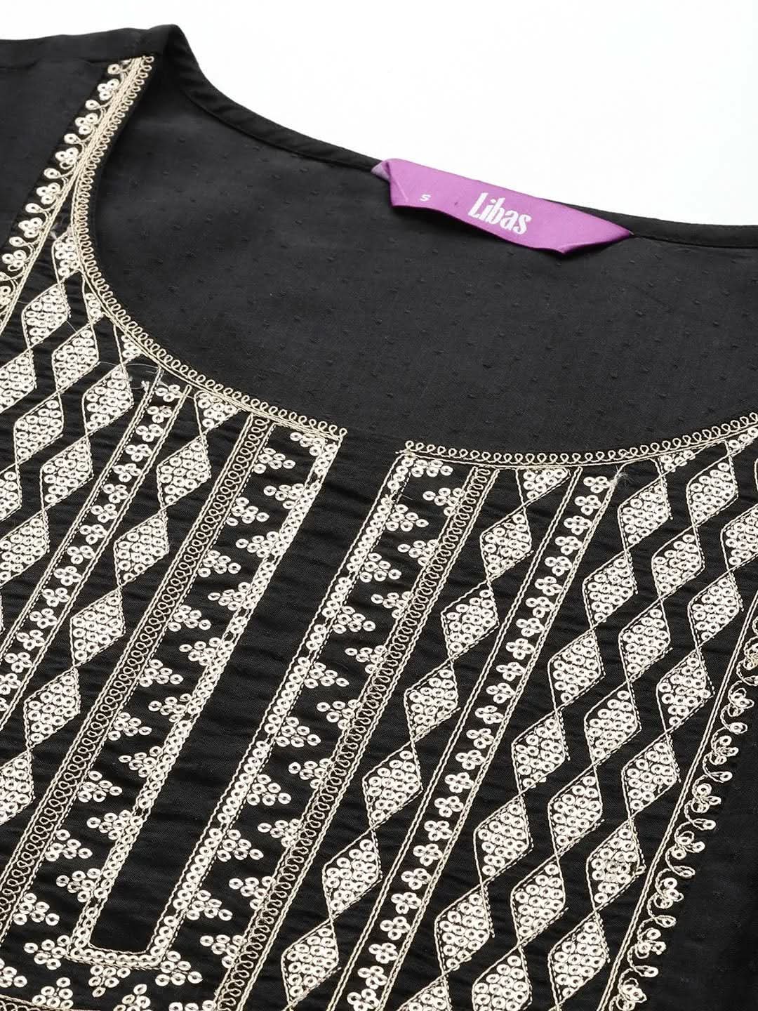 Black Printed Silk A-Line Kurta - Libas 