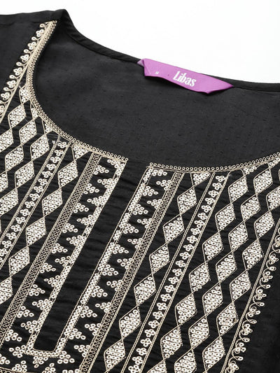 Black Printed Silk A-Line Kurta - Libas