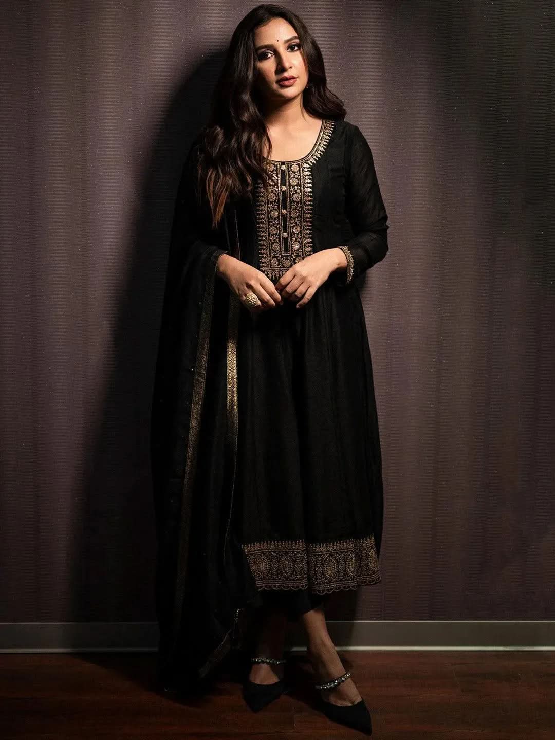 

Black Yoke Design Silk Blend Anarkali Kurta With Churidar & Dupatta