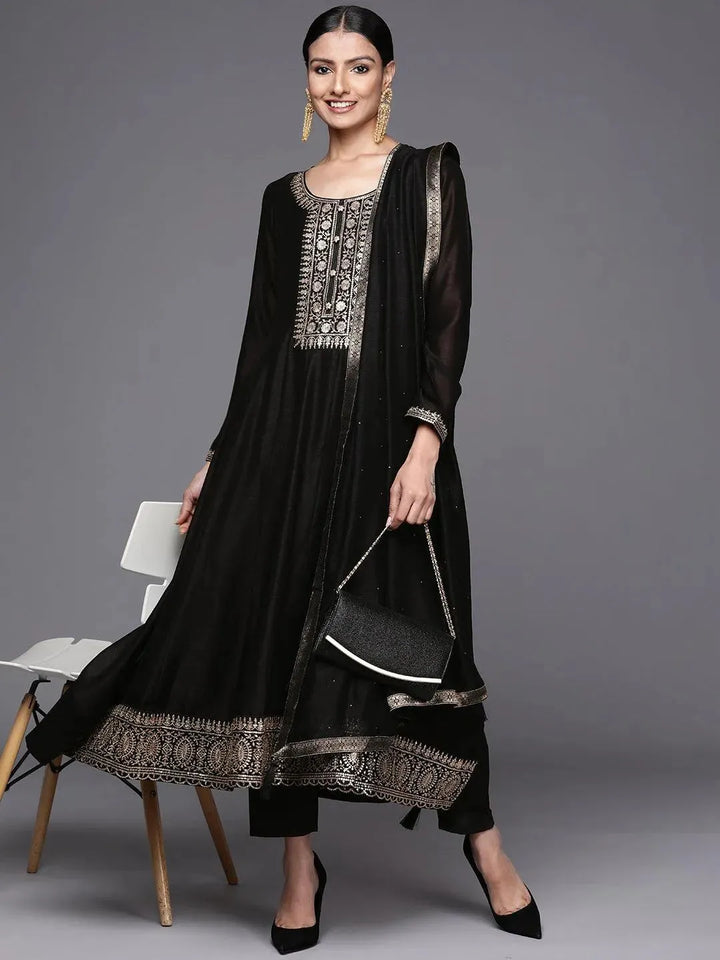 Black Yoke Design Silk Blend Anarkali Suit Set - Libas