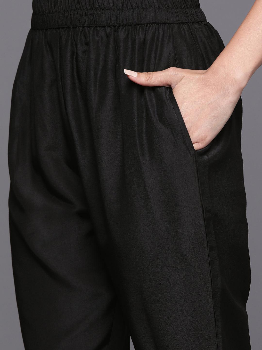 Black Yoke Design Silk Blend Anarkali Suit Set - Libas