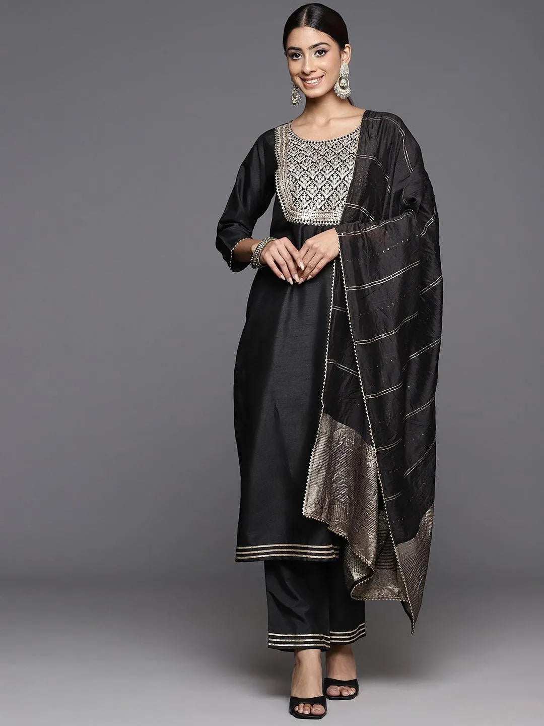 Black Yoke Design Silk Blend Straight Kurta With Palazzos & Dupatta - Libas 