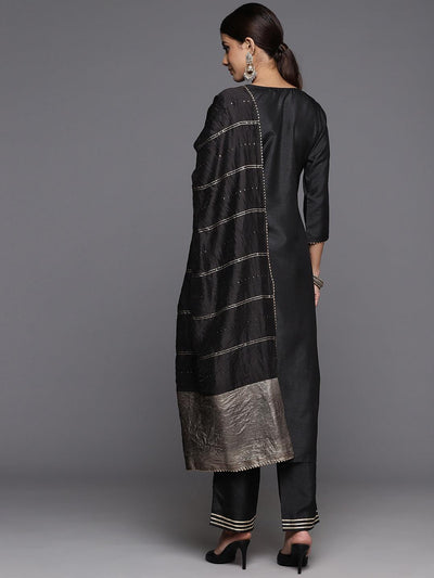 Black Yoke Design Silk Blend Straight Kurta With Palazzos & Dupatta - Libas