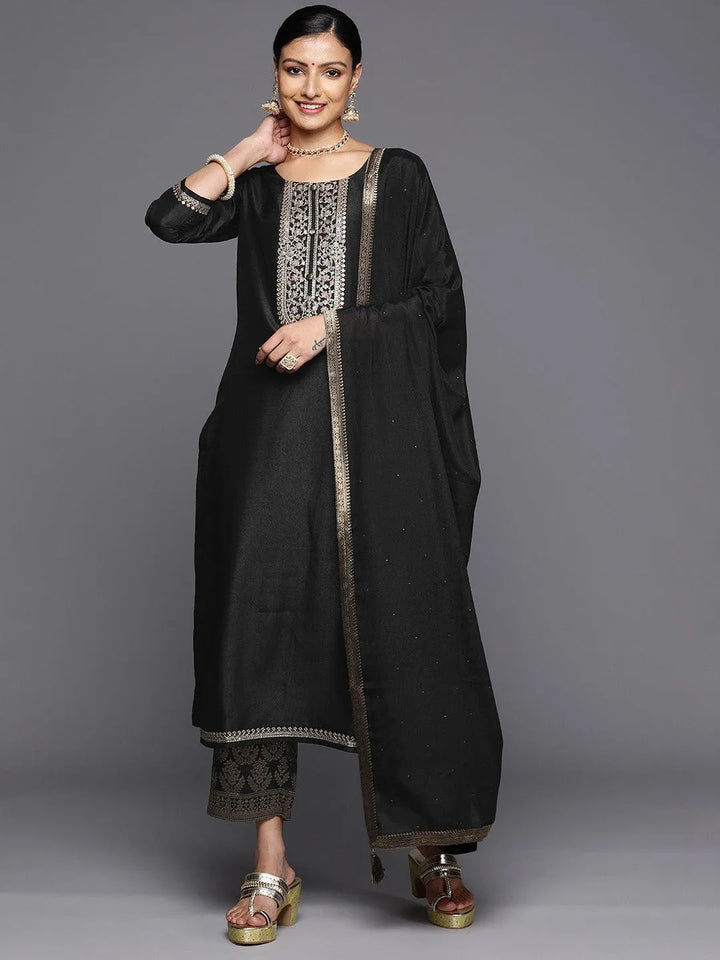 Black Printed Silk Blend Straight Kurta With Trousers & Dupatta - Libas