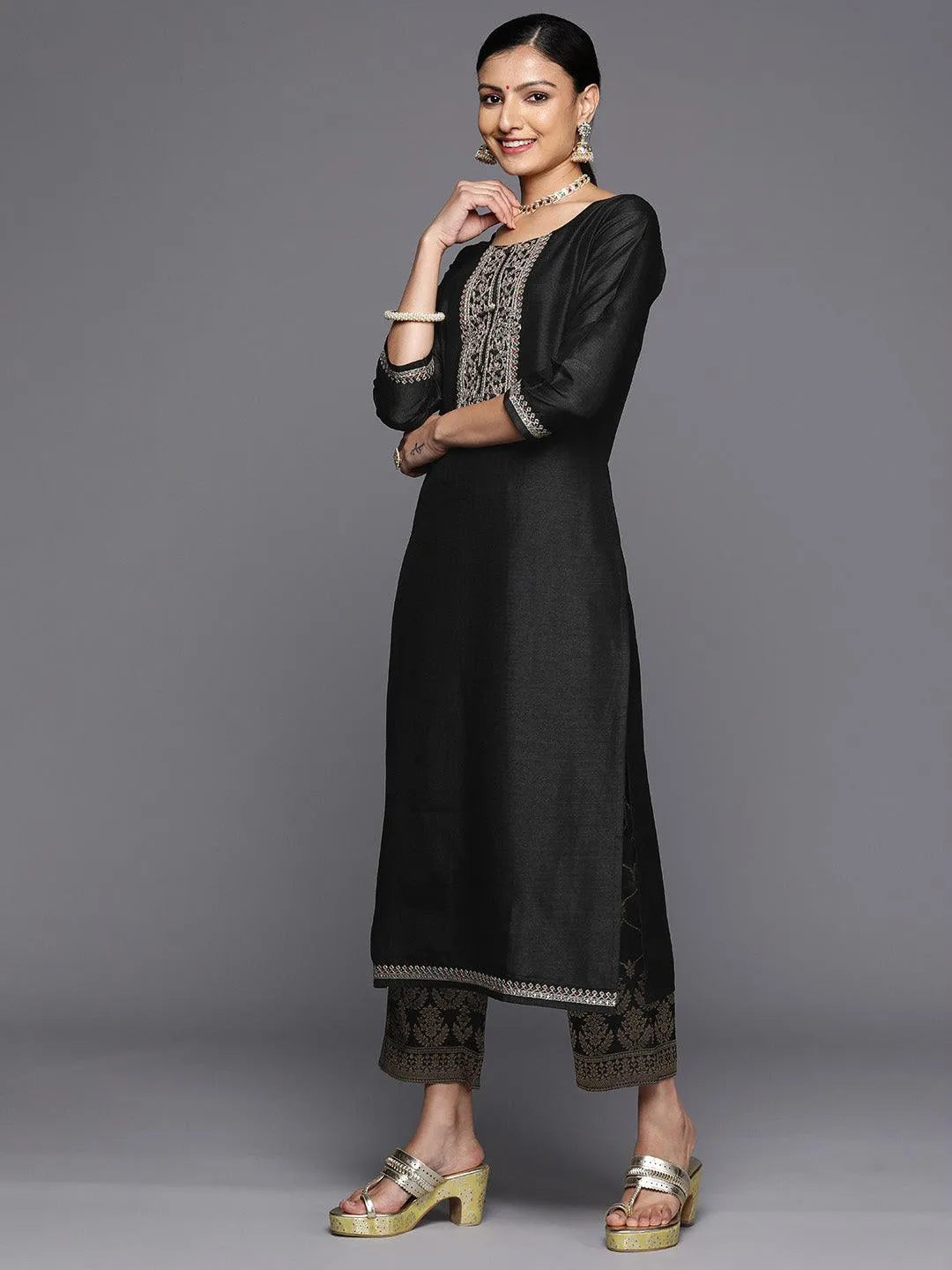Black Printed Silk Blend Straight Kurta With Trousers & Dupatta - Libas 