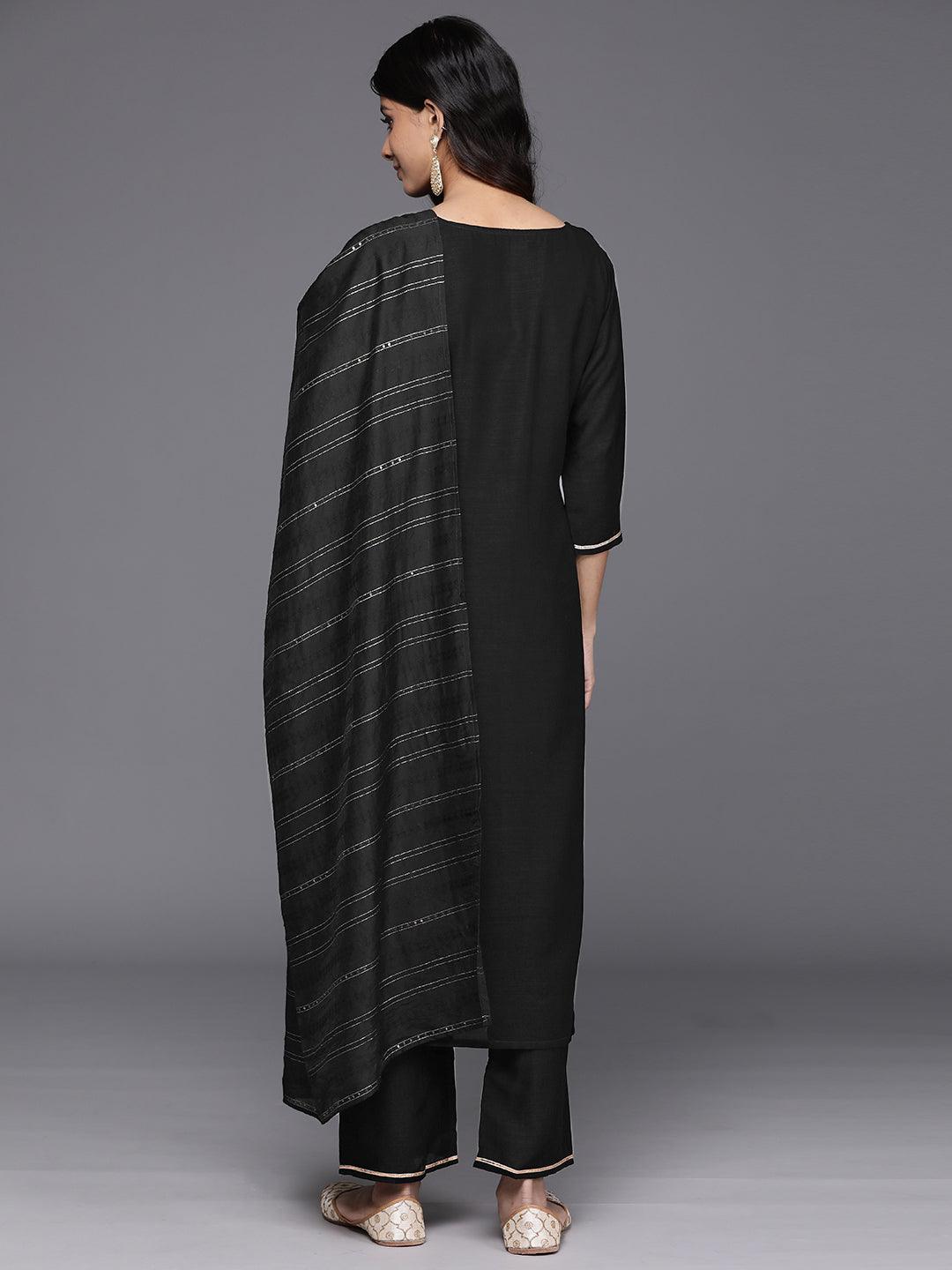 Black Yoke Design Silk Blend Straight Kurta With Trousers & Dupatta