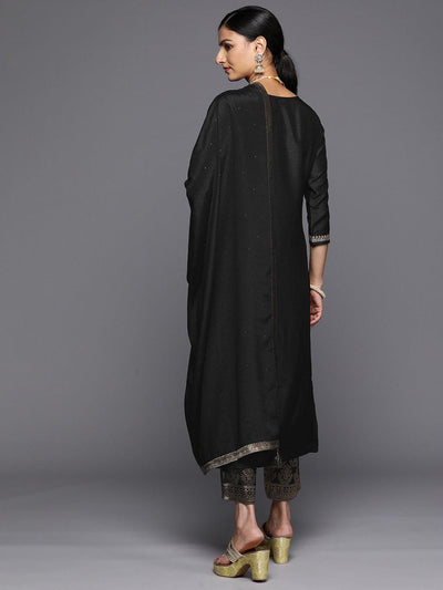 Black Printed Silk Blend Straight Kurta With Trousers & Dupatta - Libas