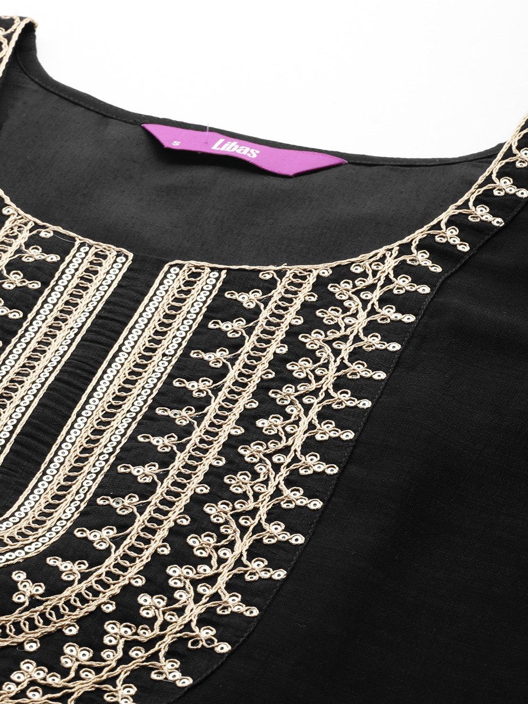 Black Yoke Design Silk Blend Straight Kurta With Trousers & Dupatta - Libas