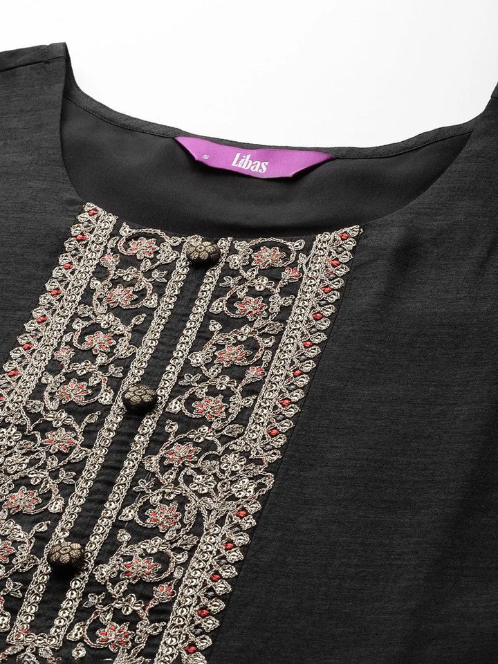 Black Printed Silk Blend Straight Kurta With Trousers & Dupatta - Libas