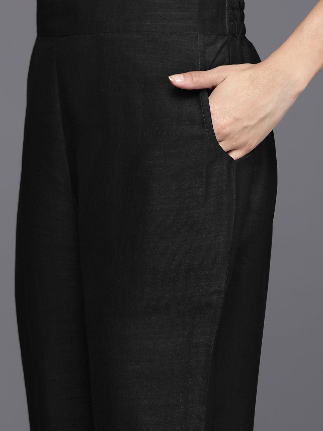 Black Yoke Design Silk Blend Straight Kurta With Trousers & Dupatta - Libas
