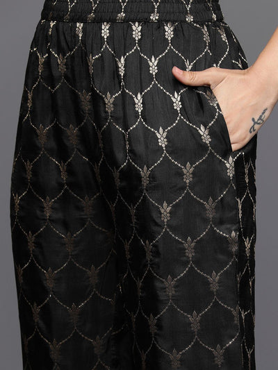 Black Printed Silk Blend Straight Kurta With Trousers & Dupatta - Libas