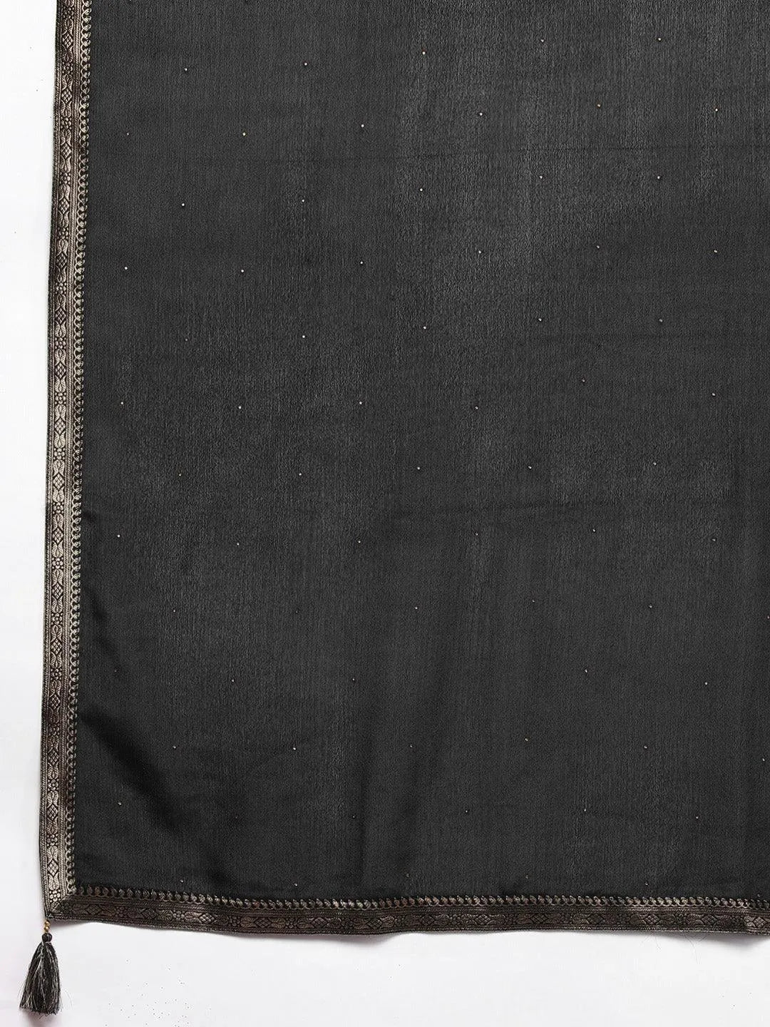 Black Printed Silk Blend Straight Kurta With Trousers & Dupatta - Libas 