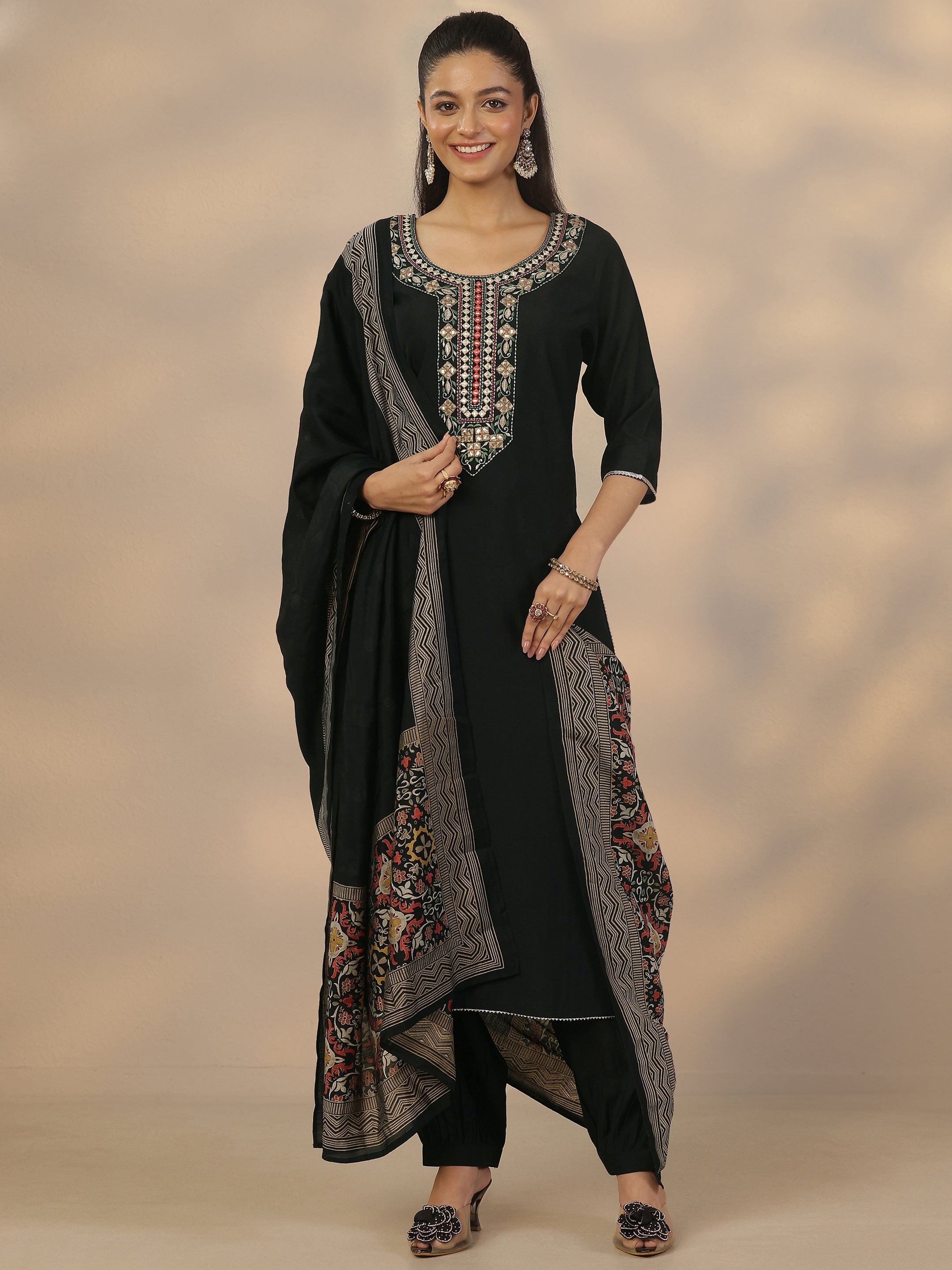 libas Black Yoke Design Silk Blend Straight Suit Set With Dupatta-picture-14