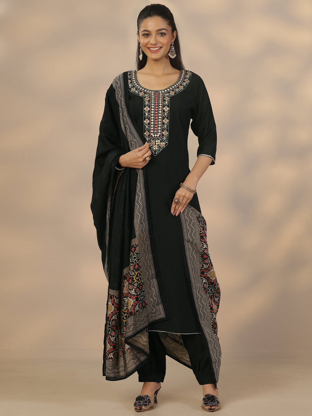 Black Yoke Design Silk Blend Straight Suit Set With Dupatta