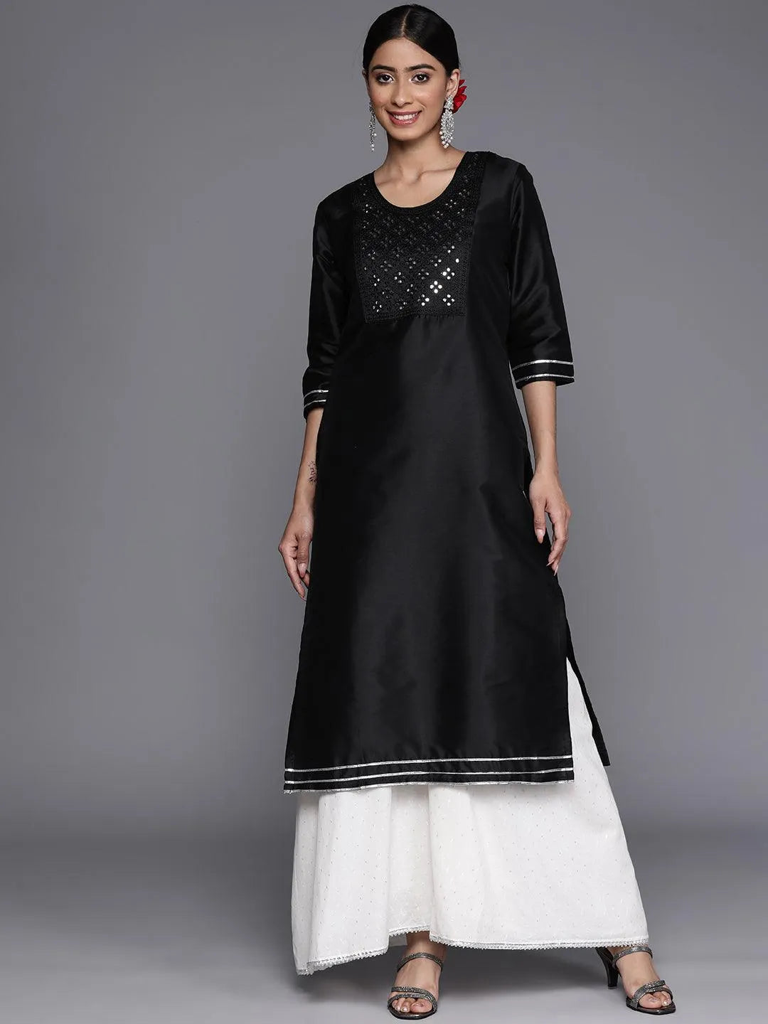 Black Yoke Design Silk Straight Kurta - Libas