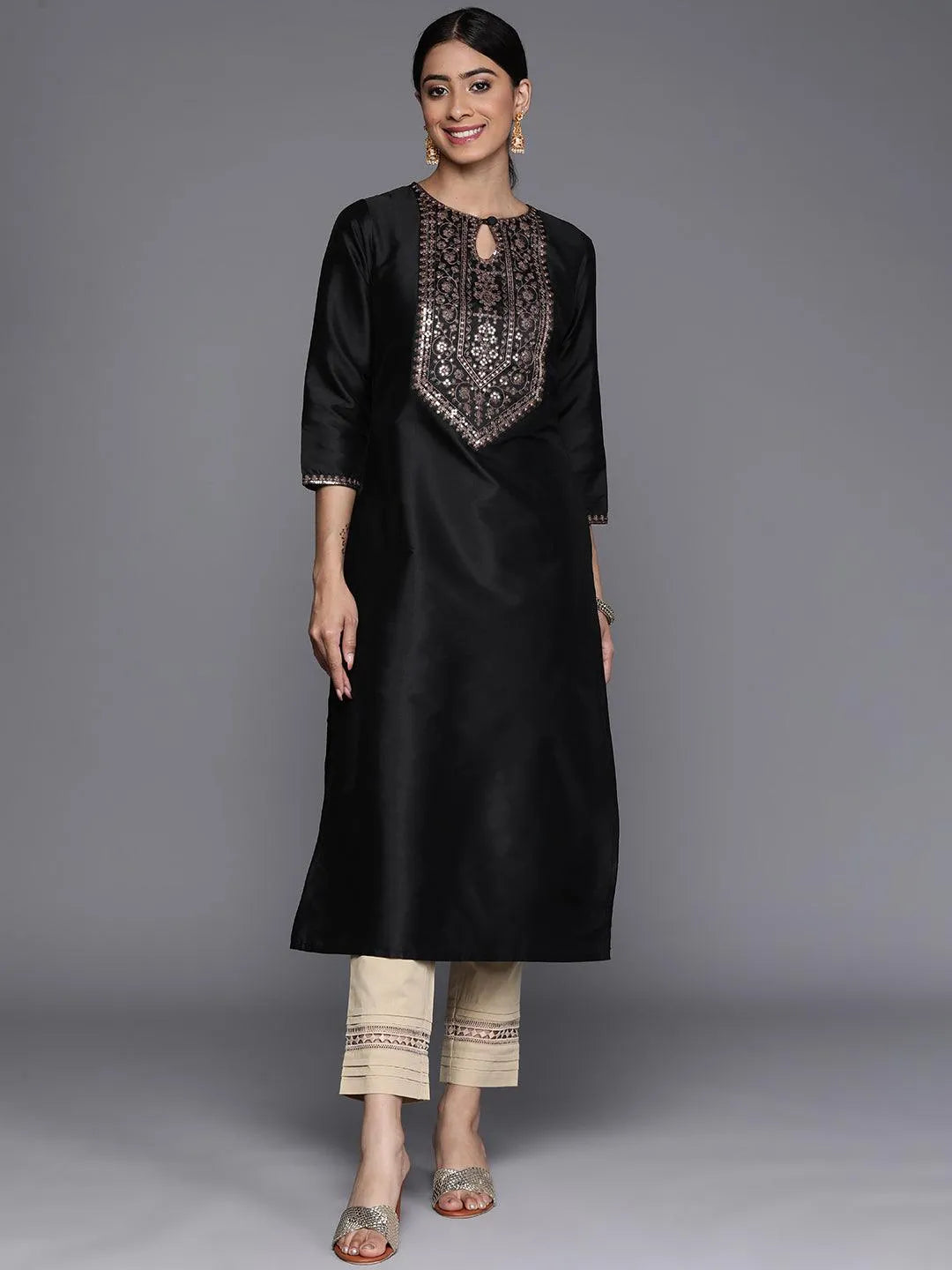 Black Yoke Design Silk Straight Kurta - Libas