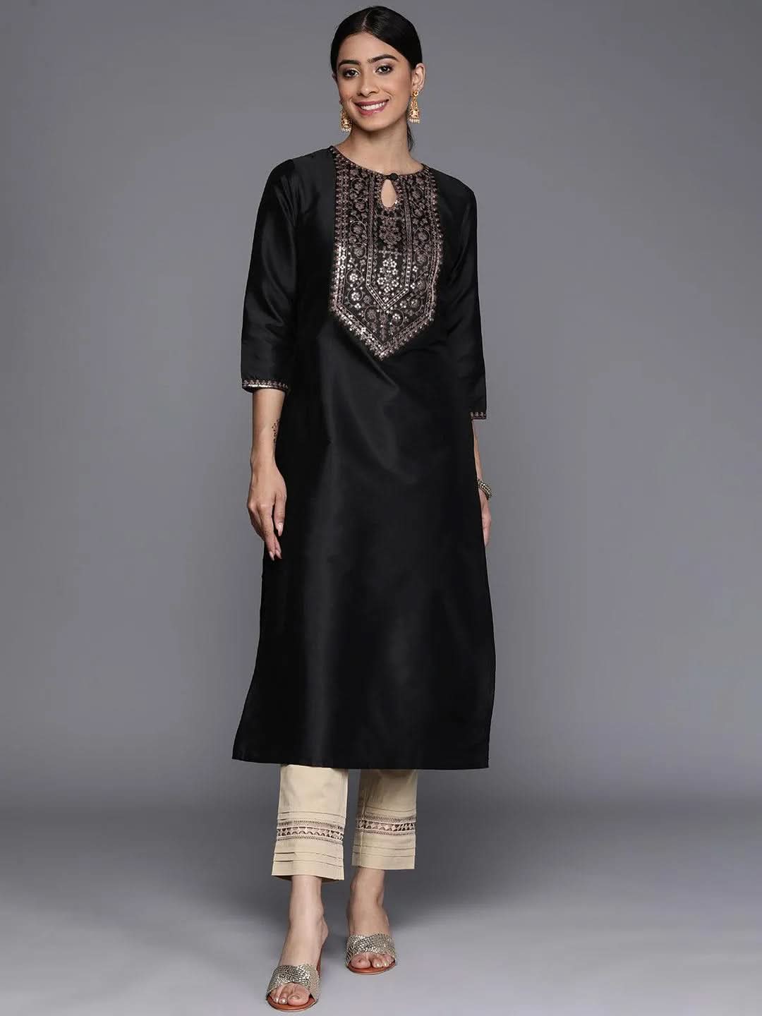 

Black Yoke Design Silk Straight Kurta
