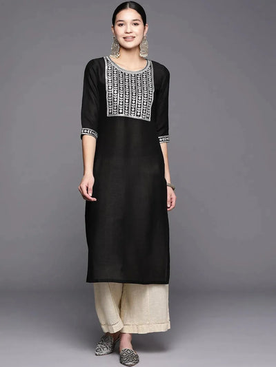 Black Yoke Design Silk Straight Kurta - Libas