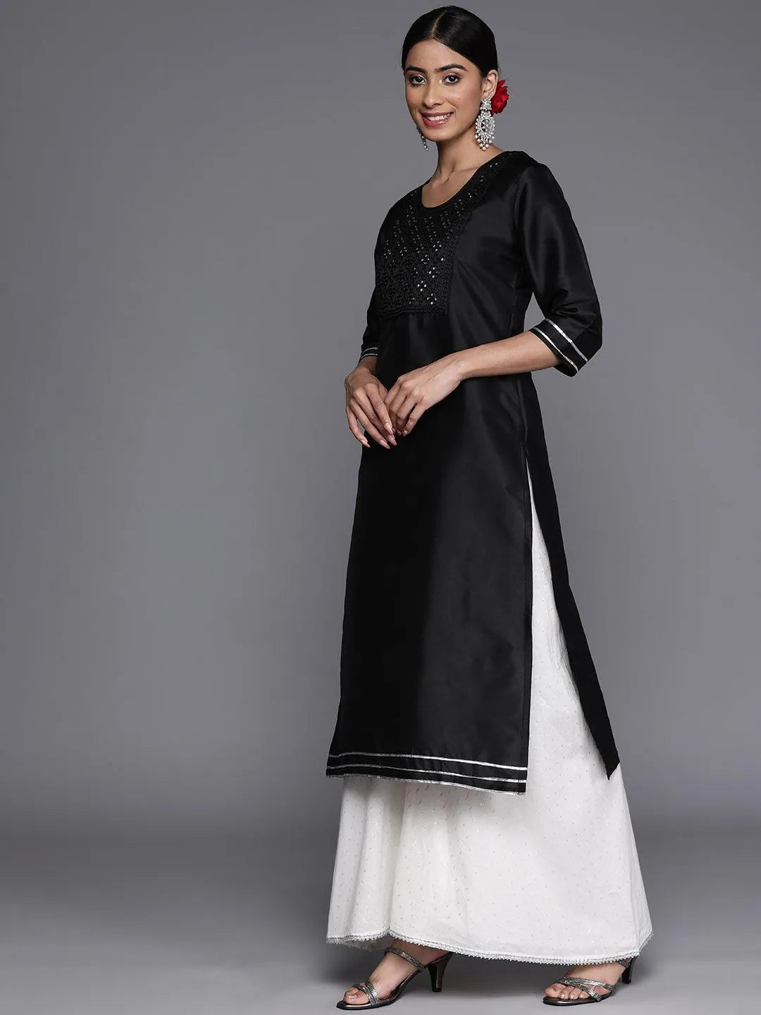 Black Yoke Design Silk Straight Kurta - Libas