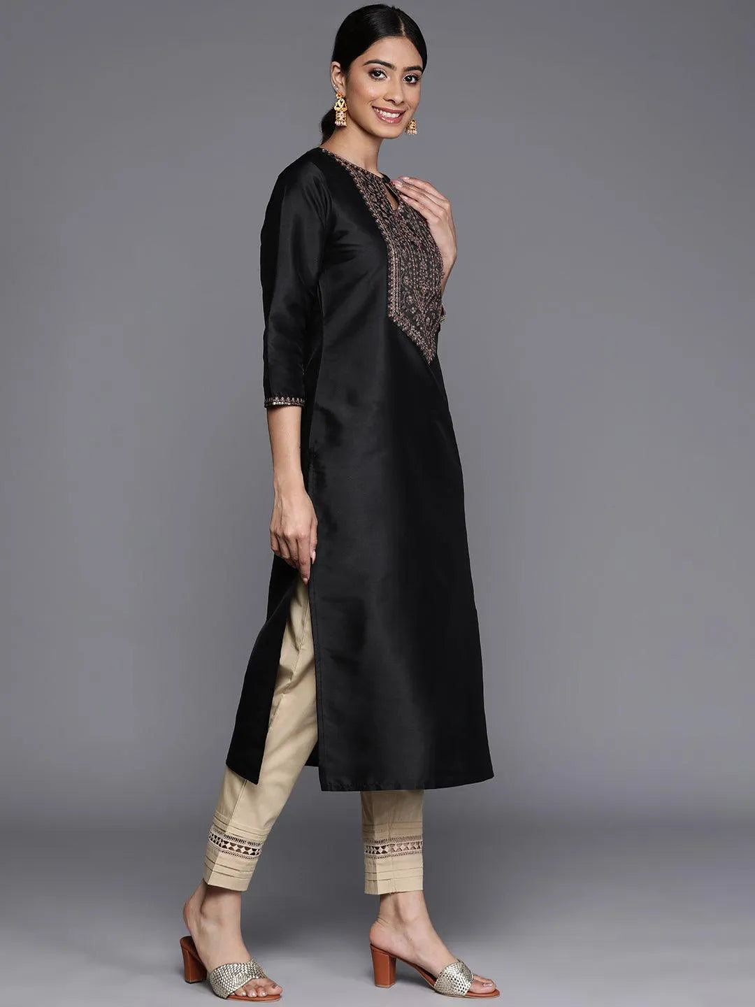 Black Yoke Design Silk Straight Kurta - Libas 