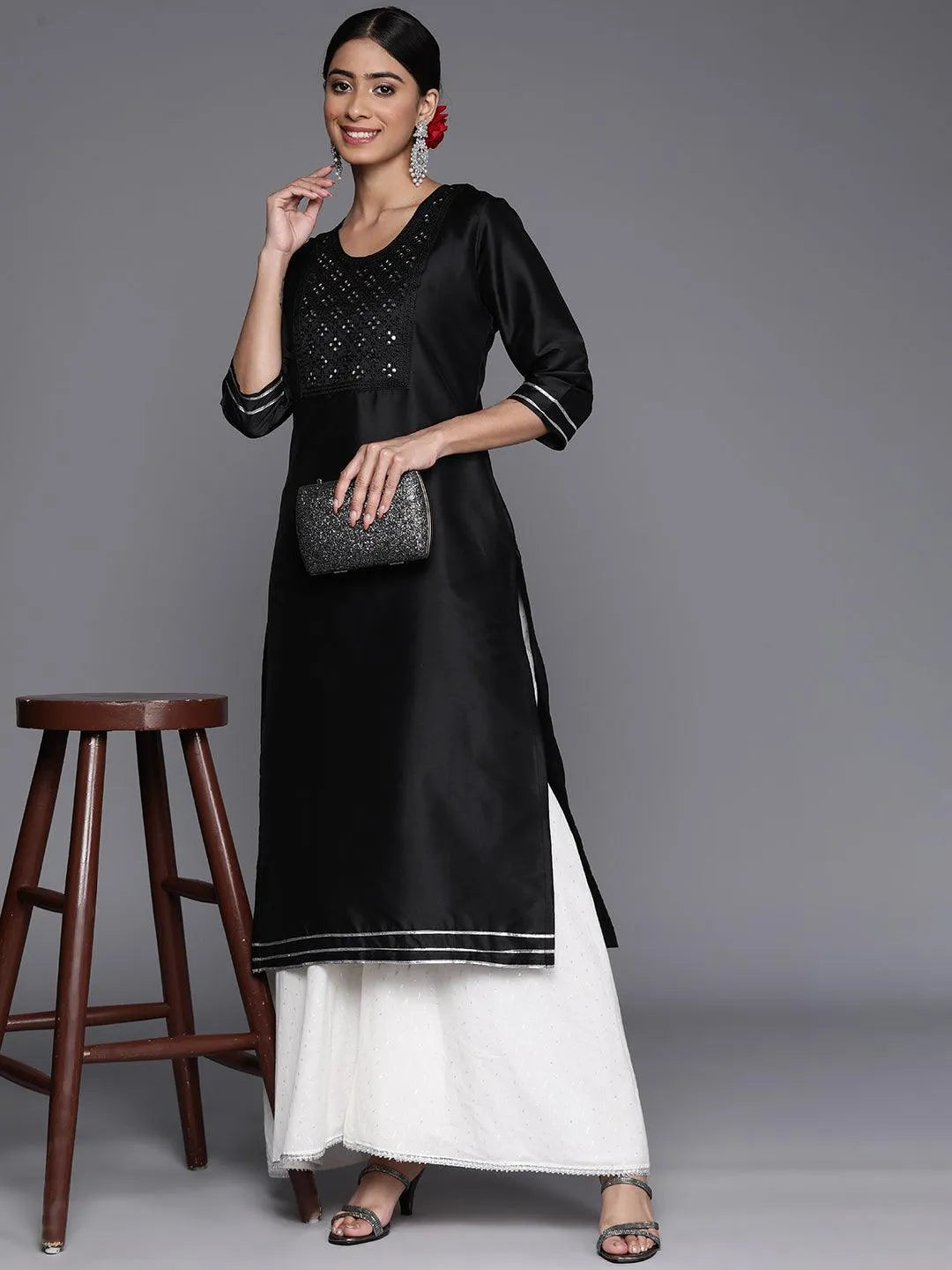 Black Yoke Design Silk Straight Kurta - Libas